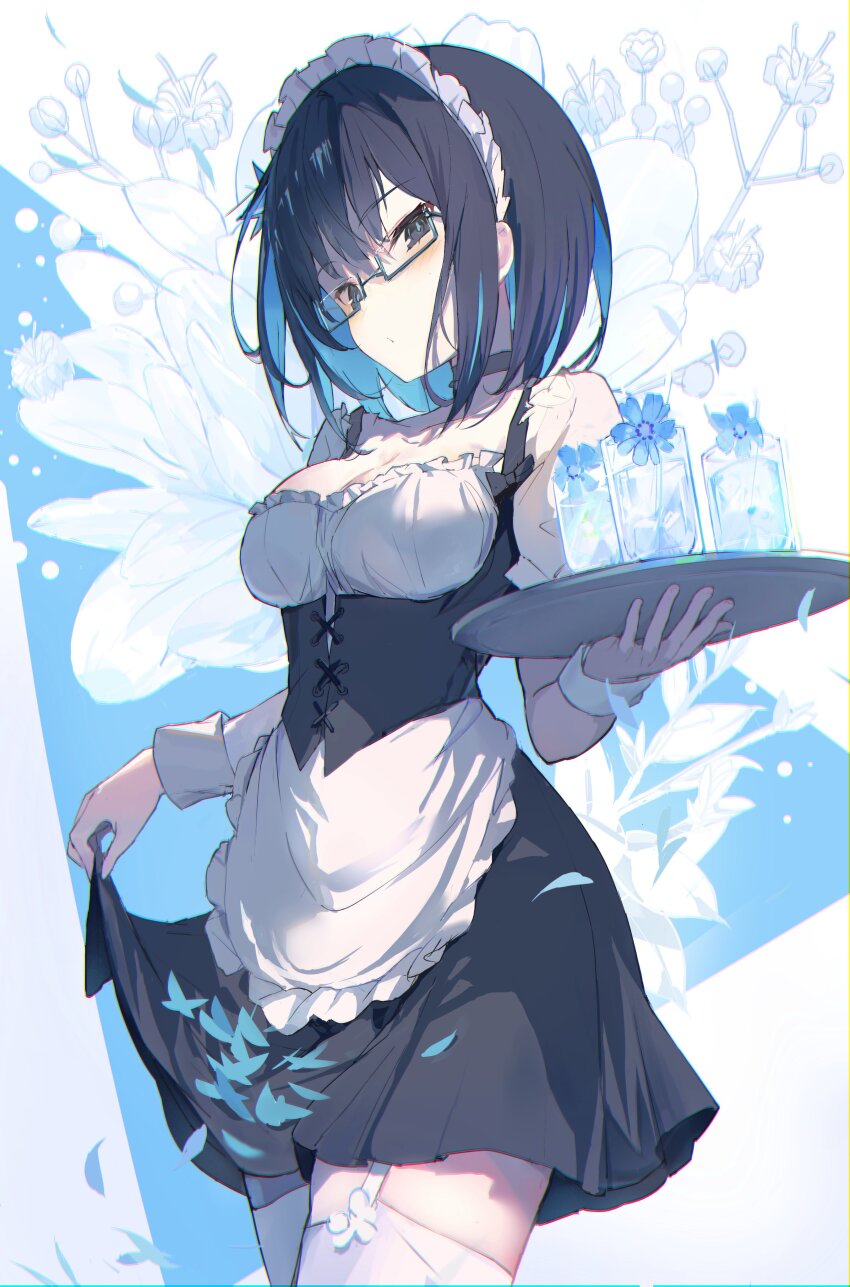1girl absurdres apron black_dress black_hair blue_background blue_hair bob_cut breasts cleavage clothes_lift colored_inner_hair corset cowboy_shot dress flower glasses highres holding holding_tray lifting_own_clothes maid_apron maid_headdress multicolored_hair original semi-rimless_eyewear sideways_glance skirt skirt_hold solo standing tatsukisan thighhighs tray triangle_background two-tone_hair white_background white_flower zettai_ryouiki