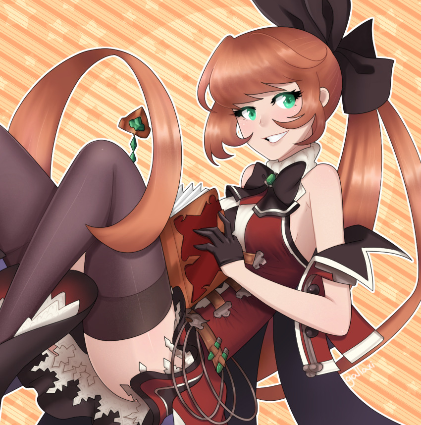 1girl bare_shoulders belt black_boots black_bow black_gloves black_pantyhose book boots bow brown_belt chest_belt clarisse_(granblue_fantasy) close-up diagonal-striped_background dress gallaxi gem gloves granblue_fantasy green_eyes hair_bow highres holding holding_book light_blush long_hair looking_to_the_side orange_background orange_hair outline pantyhose red_dress sidelocks skirt smile solo striped_background teeth very_long_hair white_outline