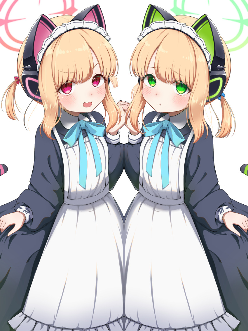 2girls :d :t absurdres animal_ear_headphones animal_ears apron black_dress blue_archive blue_bow blue_bowtie blue_ribbon blush bow bowtie cat_ear_headphones closed_mouth commentary cowboy_shot dress fake_animal_ears from_above furrowed_brow green_eyes green_halo hair_between_eyes hair_bow halo hand_up headphones highres holding_hands interlocked_fingers long_sleeves looking_at_viewer maid maid_headdress medium_hair midori_(blue_archive) momoi_(blue_archive) multiple_girls neck_ribbon official_alternate_costume official_alternate_hairstyle open_mouth panda_90321 pink_halo pout puffy_long_sleeves puffy_sleeves red_bow red_eyes ribbon siblings sidelocks simple_background sisters smile smirk tareme twins two_side_up v-shaped_eyebrows white_apron white_background