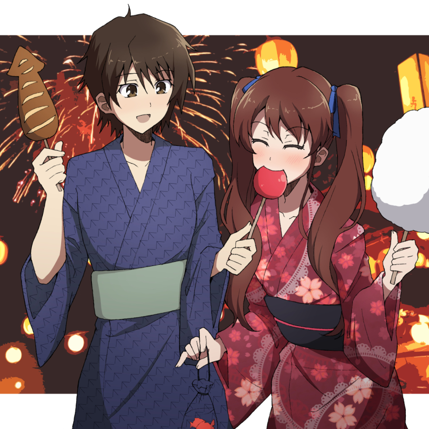 1boy 1girl akazawa_izumi another blue_kimono blue_ribbon brown_eyes brown_hair closed_eyes commission cotton_candy fireworks fish food food_in_mouth goldfish hair_ribbon highres holding holding_food ikayaki japanese_clothes kimono long_hair nel-c obi red_kimono ribbon sakakibara_kouichi sash short_hair skeb_commission twintails yukata