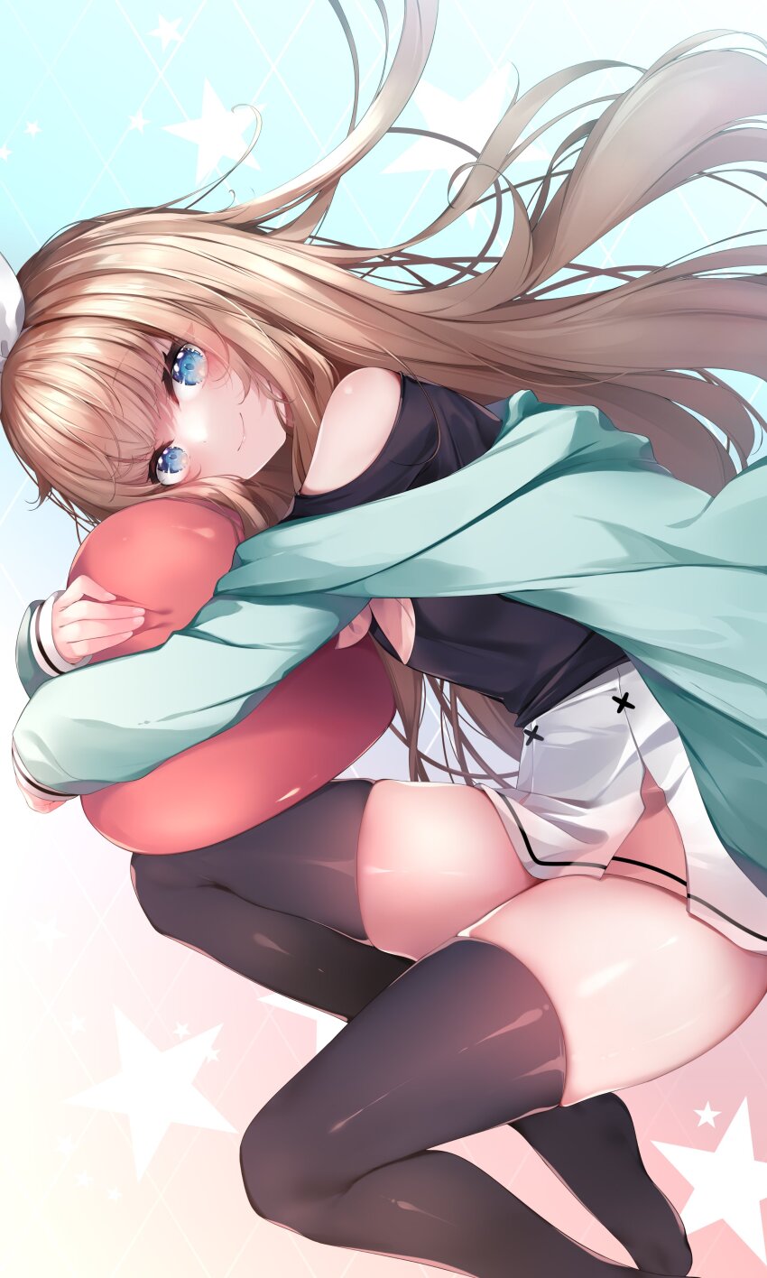 1girl absurdres aqua_background aqua_jacket black_shirt black_thighhighs blue_eyes blush bow bow_hairband brown_hair closed_mouth clothing_cutout commentary eyes_visible_through_hair floating_hair gradient_background hair_bow hairband heart heart-shaped_pillow highres hugging_object indie_virtual_youtuber jacket kana616 long_hair long_sleeves looking_at_viewer multicolored_skirt neckerchief no_shoes off_shoulder pillow pink_background pink_neckerchief pink_skirt pleated_skirt shirt shoulder_cutout skindentation skirt smile solo spanish_commentary sparkling_eyes star_(symbol) thighhighs thighs very_long_hair virtual_youtuber white_background white_bow white_skirt yuniepix_(vtuber)
