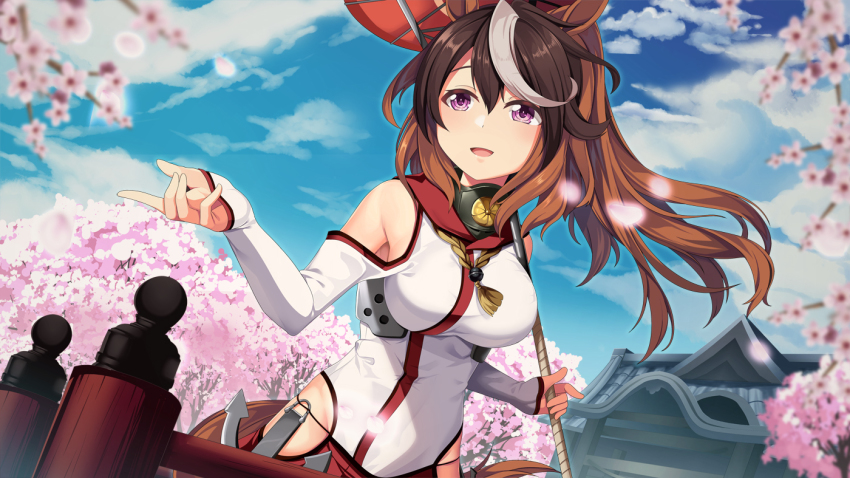 1girl alternate_costume animal_ears architecture breasts brown_hair building cherry_blossoms cosplay day east_asian_architecture hip_vent horse_ears horse_girl horse_tail kantai_collection long_hair long_sleeves looking_away medium_breasts multicolored_hair oil-paper_umbrella outdoors petals ponytail purple_eyes red_skirt red_umbrella skirt solo symboli_rudolf_(umamusume) tail tree umamusume umbrella white_hair yamato_(kancolle) yamato_(kancolle)_(cosplay) yasume_yukito