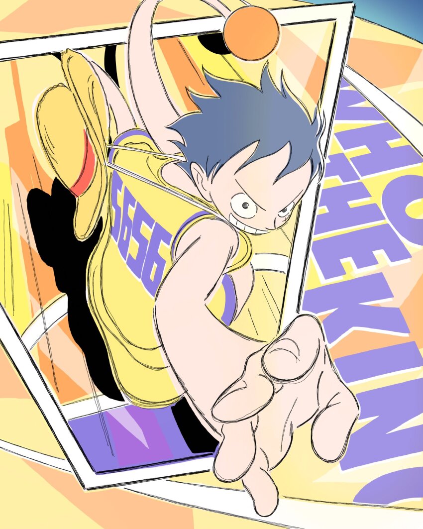 1boy ball basketball_uniform black_hair caramanducas hat highres holding holding_ball looking_ahead los_angeles_lakers male_focus monkey_d._luffy one_piece scar scar_on_face short_hair smile solo sportswear straw_hat
