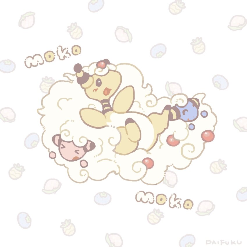 :d ampharos black_eyes bright_pupils daifuku_(pokefuka_art) evolutionary_line flaaffy fluffy gen_2_pokemon highres mareep mixed-language_commentary nintendo no_humans open_mouth pokemon pokemon_(creature) pokemon_focus smile white_background white_pupils