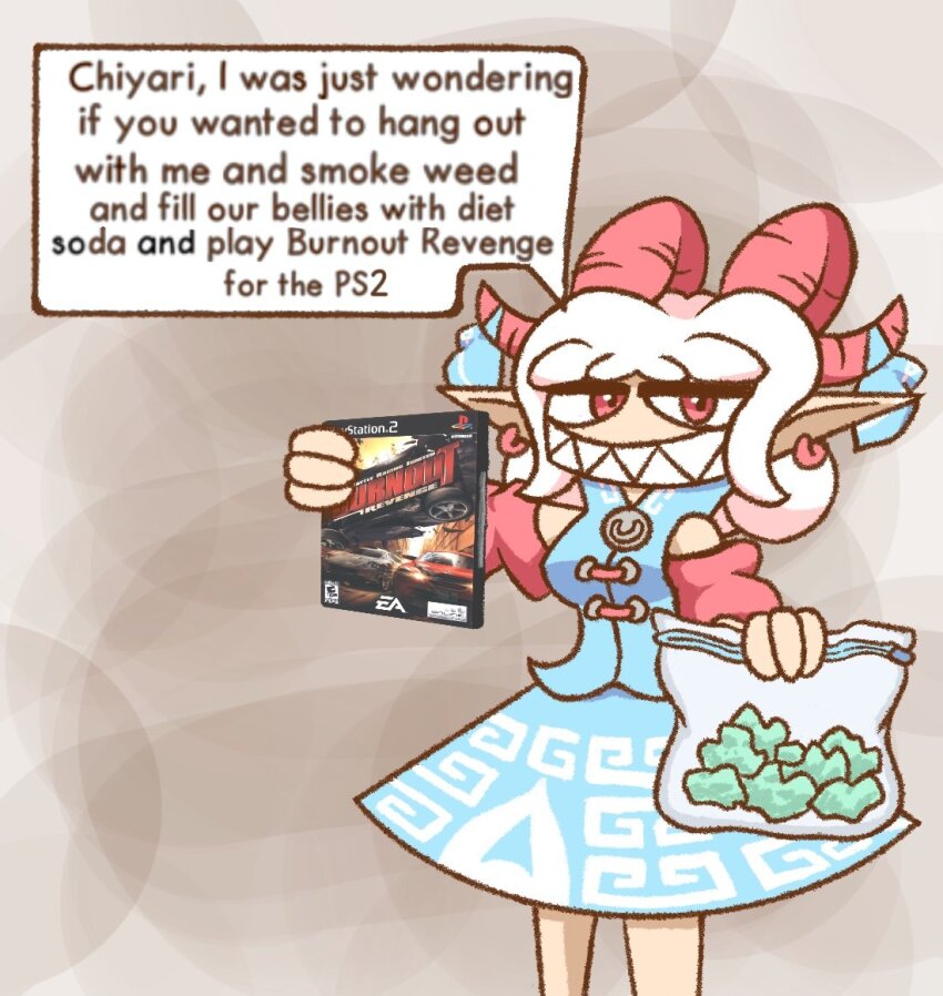 1girl bag blue_bow blue_skirt blue_vest bow burnout_revenge commentary cowboy_shot curled_horns curly_hair detached_sleeves earrings english_commentary english_text game_cartridge grey_background grin holding holding_bag holding_game_cartridge horn_bow horn_ornament horns jewelry linnyuwu looking_at_viewer marijuana meandros medium_hair patterned_clothing plastic_bag playstation_logo pointy_ears red_eyes red_horns red_sleeves sharp_teeth skirt skirt_set smile smiling_friends solo teeth touhou toutetsu_yuuma vest white_hair