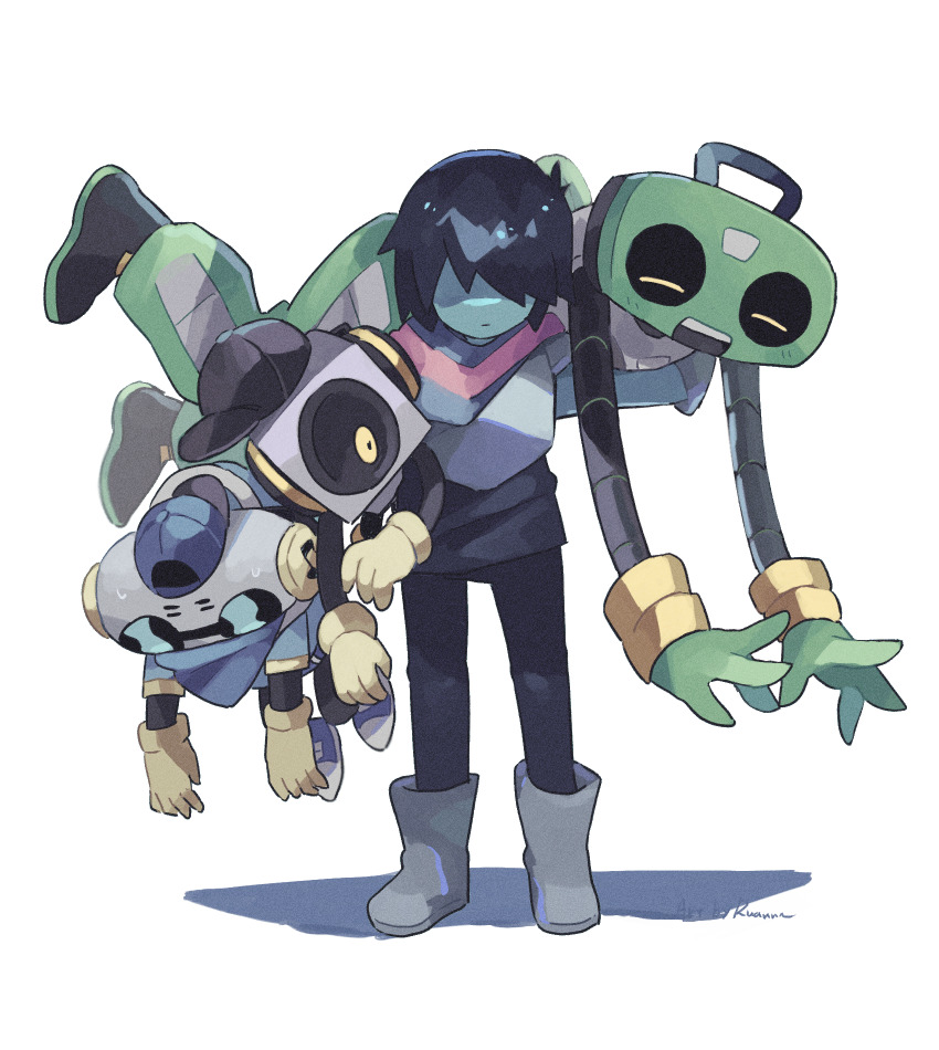 1other 3boys :d ^_^ ankle_boots antenna_hair armored_boots backwards_hat bandana baseball_cap black_footwear black_hair black_hat black_pants black_shirt blue_bandana blue_footwear blue_hat blue_scarf blue_skin boots cap&#039;n_(deltarune) carrying carrying_person cassette_player cd_player closed_eyes colored_skin deltarune full_body gloves green_gloves green_pants grey_footwear hat highres humanoid_robot k_k_(deltarune) kris_(deltarune) looking_at_another mechanical_arms multiple_boys object_head open_mouth pants pink_scarf robot ruannu scarf shirt short_hair short_sleeves simple_background sleeveless sleeveless_shirt smile speaker standing striped_clothes striped_scarf sweet_(deltarune) teeth two-tone_scarf upper_teeth_only white_background yellow_eyes yellow_gloves