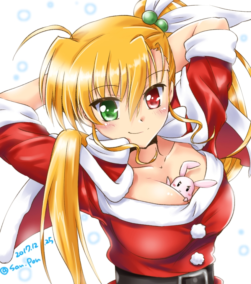 1girl aged_up asymmetrical_bangs belt between_breasts black_belt blonde_hair breasts capelet closed_mouth collarbone dated dress female_focus green_eyes hair_bobbles hair_ornament hair_over_shoulder hair_ribbon heterochromia highres large_breasts long_hair looking_at_viewer lyrical_nanoha portrait red_capelet red_dress red_eyes ribbon sacred_heart san-pon santa_costume short_sleeves side_ponytail smile solo twitter_username vivid_strike! vivio