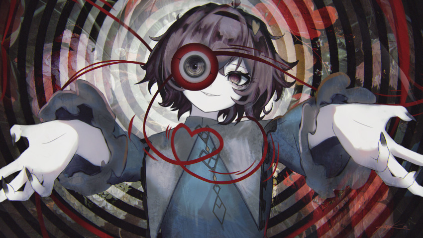 1girl absurdres black_eyes black_hairband black_nails blouse blue_shirt commentary_request fingernails frilled_sleeves frills hair_ornament hairband heart heart_hair_ornament heart_of_string highres komeiji_satori long_fingernails long_sleeves looking_at_viewer nail_polish one_eye_covered parted_lips purple_eyes purple_hair ringed_eyes sharp_fingernails shirt short_hair signature smirk sutorobo72 third_eye touhou upper_body wide_sleeves
