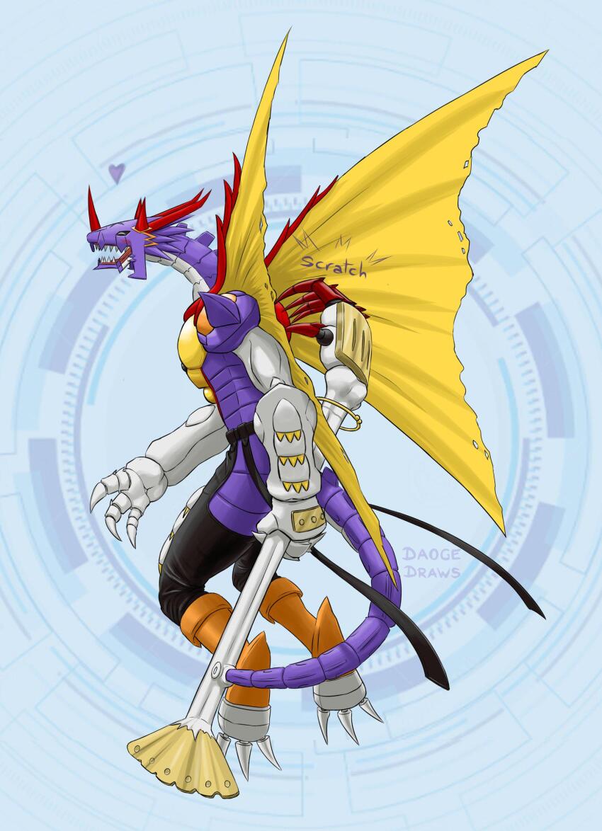 arresterdramon_superior_mode claws digimon digimon_(creature) dragon highres meme scratching_back sharp_teeth solo teeth wings
