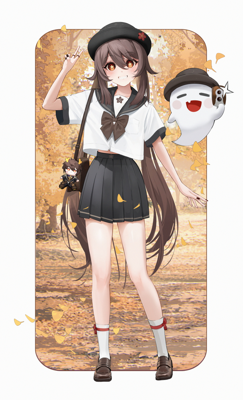 1girl :d absurdres autumn_leaves bag bag_charm black_skirt boo_tao_(genshin_impact) brown_footwear brown_hair cameo camera character_charm character_doll charm_(object) collarbone commentary_request full_body genshin_impact ghost hair_between_eyes hat highres holding holding_camera hu_tao_(genshin_impact) jewelry kneehighs leaf long_hair looking_at_viewer malon_(chuan2700) maple_leaf midriff open_mouth orange_eyes pleated_skirt porkpie_hat ring school_bag school_uniform serafuku shoes short_sleeves shoulder_bag sidelocks skirt smile socks standing symbol-shaped_pupils twin-lens_reflex_camera twintails v white_socks zhongli_(genshin_impact)