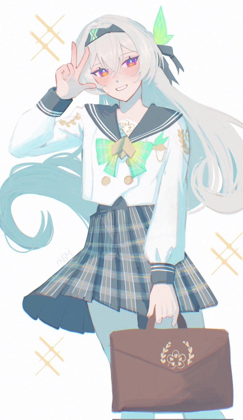 1girl bag black_hair black_sailor_collar blush brown_bag buttons checkered_clothes checkered_skirt collared_shirt double-breasted firefly_(honkai:_star_rail) firefly_(spring_missive)_(honkai:_star_rail) gradient_eyes green_pupils grey_hair grey_skirt hair_between_eyes hair_intakes hair_ornament hair_ribbon handbag highres holding holding_bag honkai:_star_rail honkai_(series) long_sleeves multicolored_eyes open_mouth pleated_skirt ribbon rinsmeray sailor_collar shirt simple_background skirt smile solo sparkle thighhighs two-tone_eyes v white_background white_shirt white_sleeves white_thighhighs