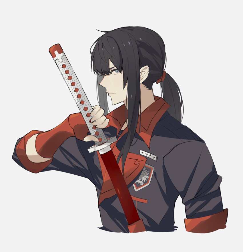 1boy badge black_coat black_hair black_order_uniform coat collared_coat d.gray-man elbow_gloves fingerless_gloves frown george_man gloves green_eyes grey_background hair_between_eyes hair_ribbon highres holding holding_sword holding_weapon kanda_yuu katana long_hair looking_at_viewer looking_to_the_side low_ponytail military military_uniform ponytail red_gloves red_ribbon red_stripes ribbon sheath sidelocks solo striped_coat sword unsheathing weapon