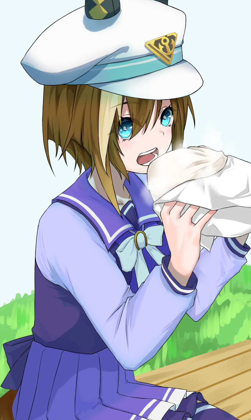 1girl animal_ears asymmetrical_bangs bench blonde_hair blue_eyes bow bowtie brown_hair cheval_grand_(umamusume) commentary_request eating food hat highres holding holding_food horse_ears horse_girl long_sleeves looking_at_viewer moriaka multicolored_hair open_mouth pleated_skirt school_uniform short_hair sitting skirt solo steam steamed_bun streaked_hair tracen_school_uniform umamusume white_bow white_bowtie winter_uniform