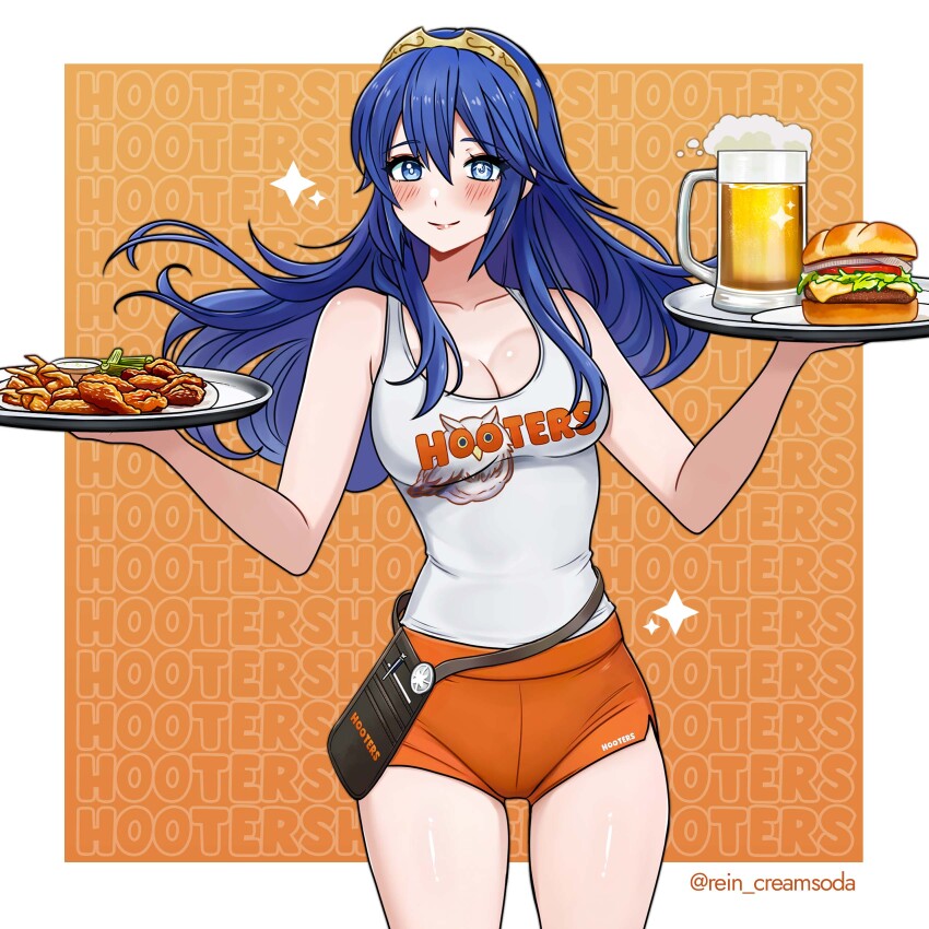 1girl absurdres alcohol beer beer_mug blue_eyes blue_hair blush breasts burger chicken_(food) cleavage closed_mouth cowboy_shot cup dual_wielding fire_emblem fire_emblem_awakening food hairband highres holding holding_tray hooters long_hair lucina_(fire_emblem) medium_breasts mug nintendo orange_shorts plate rein_creamsoda short_shorts shorts smile solo standing tank_top tiara tray white_tank_top