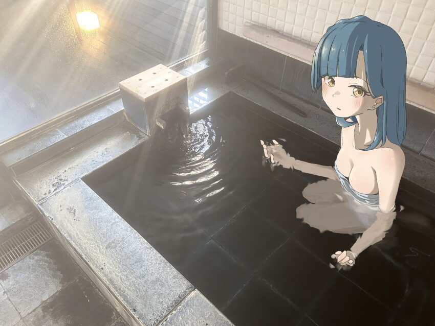 1girl aqua_hair bath bathing blunt_bangs blush breasts cleavage collarbone commentary_request completely_nude highres idolmaster idolmaster_million_live! looking_at_viewer medium_breasts naked_towel nanao_yuriko nude ofuro petitpetitppp photo_background refraction solo towel