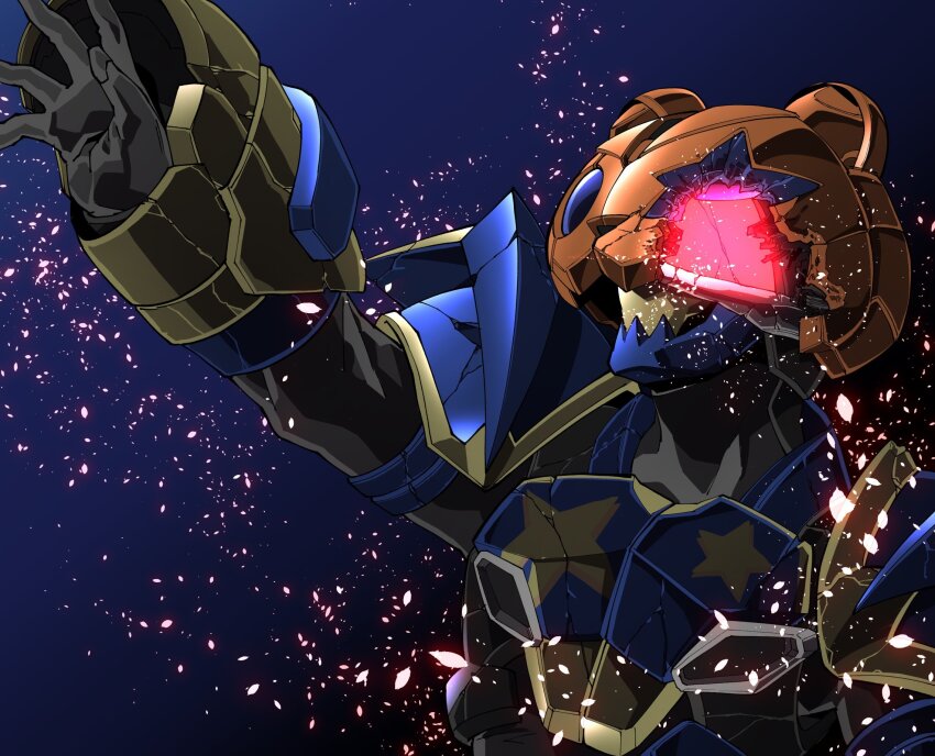 1boy amakawa_mayu armor bear blue_armor blue_eyes boxing_gloves brass_knuckles broken broken_armor broken_helmet cape commentary_request corruption defeat highres jack-o&#039;-lantern kamen_rider kamen_rider_geats_(series) kamen_rider_punkjack male_focus open_hand pumpkin raise_buckle shadow solo upper_body weapon