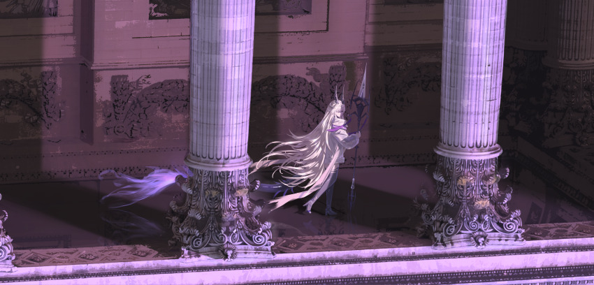 1girl absurdres arknights black_horns black_thighhighs blonde_hair closed_mouth column commentary english_commentary fire flame-tipped_tail grey_eyes hair_over_one_eye highres holding holding_weapon horns jacket long_hair long_sleeves looking_at_viewer necrass_(arknights) one_eye_covered pillar purple_fire see-through_clothes see-through_sleeves shadow shale solo standing tail thighhighs torn_clothes torn_thighhighs very_long_hair walking weapon white_jacket wide_shot