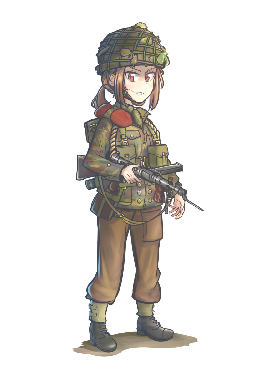 1girl absurdres bayonet beret black_footwear boots british_army brown_hair camouflage camouflage_jacket combat_helmet gaiters hat helmet highres jacket load_bearing_equipment military military_combat_uniform military_uniform original paratrooper ponytail standing sten_gun united_kingdom warriordesu weapon world_war_ii