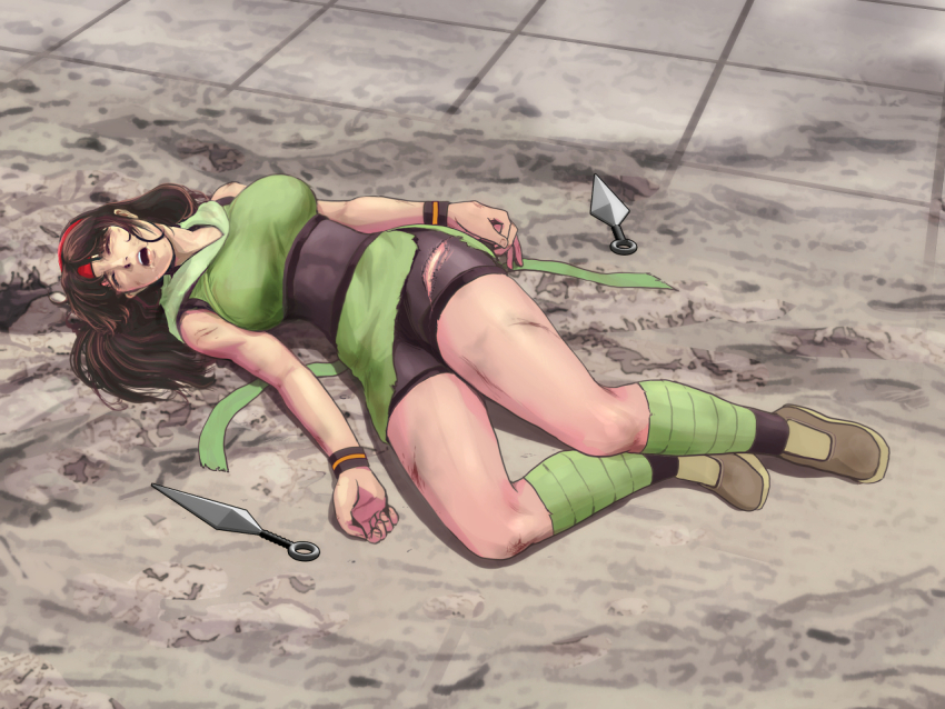 1girl bad_end battle battle_damage beaten breasts brown_hair bruise bruise_on_face character_request closed_eyes defeat destruction dirty fainted fainting hairband imminent_rape injury kunai lying messy_hair ninja on_ground on_side open_mouth pain ryona saliva scratches skirt tare-katsu torn_clothes torn_skirt unconscious violence weapon