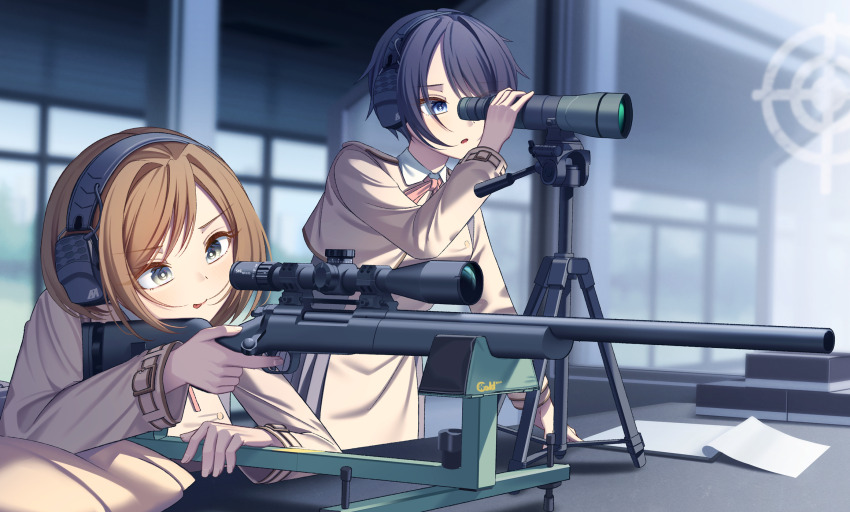 2girls aiming angel_ina black_hair blue_eyes brown_hair character_request closed_mouth commission day ear_protection green_eyes gun headphones highres leaning_forward long_sleeves lycoris_recoil lycoris_uniform monocular multiple_girls neckerchief open_mouth orange_neckerchief outdoors paper pixiv_commission range_finder rifle school_uniform scope short_hair sniper_rifle standing tongue tongue_out weapon weapon_request