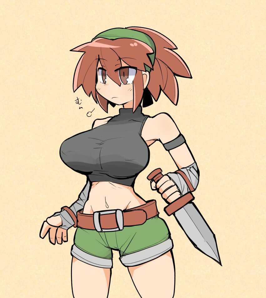 1girl absurdres bandaged_wrist bandages bandit_(tales_of_destiny_2) belt black_sports_bra breasts brown_belt brown_hair closed_mouth commentary_request cowboy_shot dagger expressionless green_hairband green_shorts hairband highres holding holding_dagger holding_knife holding_weapon knife large_breasts looking_afar midriff navel reverse_grip sheila_ship2 short_hair shorts simple_background solo sports_bra tales_of_(series) tales_of_destiny tales_of_destiny_2 weapon yellow_background