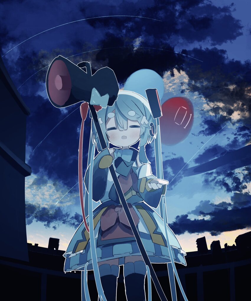 1girl =_= aqua_bow aqua_bowtie aqua_hair balloon black_boots black_sleeves boots bow bowtie cityscape closed_eyes cloud cloudy_sky commentary cowboy_shot detached_sleeves facing_viewer fang hair_ribbon hatsune_miku headphones highres hikimayu holding holding_staff knee_boots long_hair magical_mirai_(vocaloid) magical_mirai_miku magical_mirai_miku_(2018) megaphone multicolored_skirt open_mouth outdoors pink_bow pink_bowtie pleated_skirt reaching reaching_towards_viewer ribbon segment_display seven-segment_display shirt skin_fang skirt sky solo staff standing syare_0603 twilight twintails very_long_hair vocaloid white_ribbon white_shirt yellow_bow yellow_bowtie