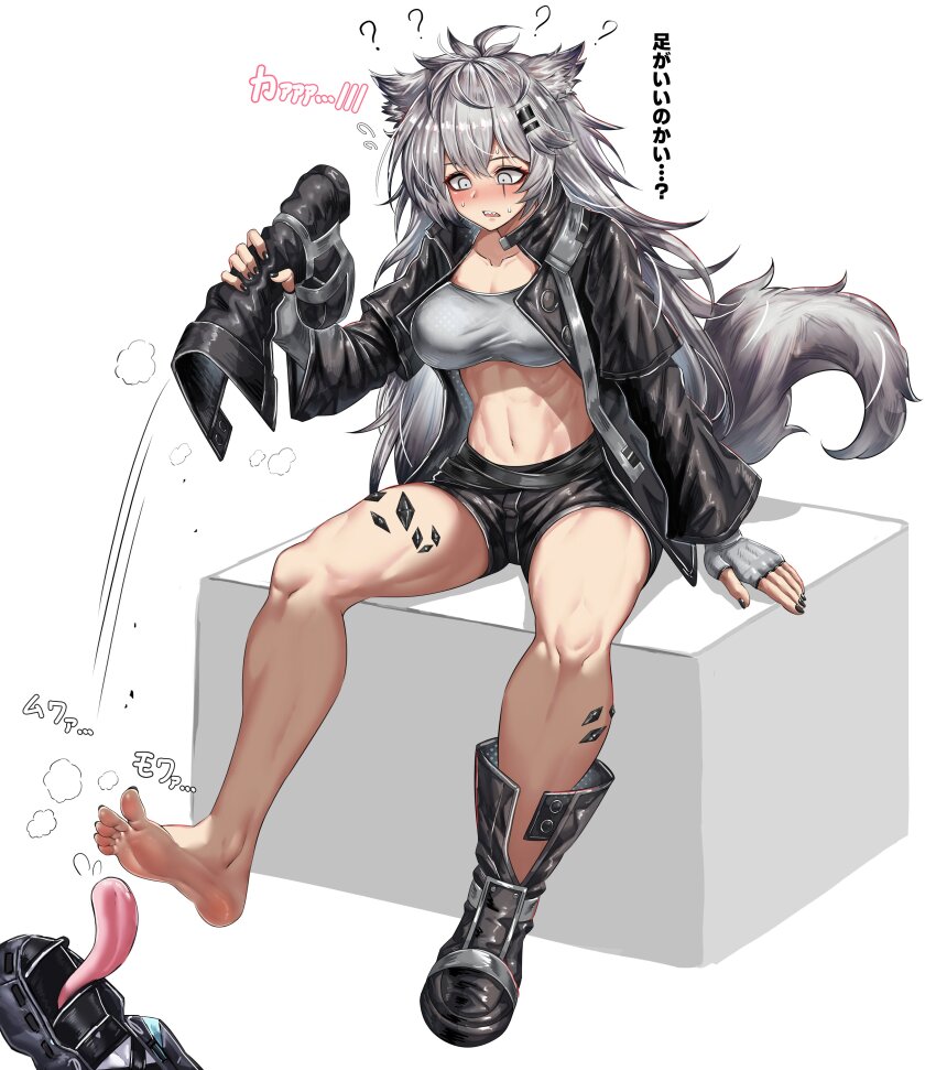 1boy 1girl absurdres animal_ears arknights barefoot blush boots cigaros doctor_(arknights) feet grey_eyes grey_hair highres lappland_(arknights) licking_foot long_hair open_mouth sharp_teeth shoes sitting soles steam tail teeth toes translated unworn_boots unworn_shoes