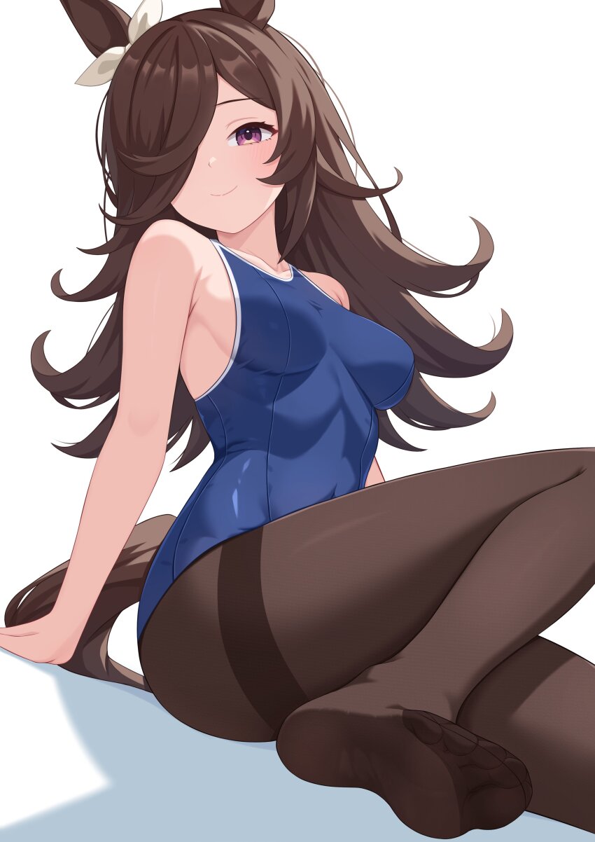 1girl absurdres animal_ears black_hair black_pantyhose breasts closed_mouth commentary covered_navel feet foot_out_of_frame hair_ornament highres horse_ears legs long_hair no_shoes pantyhose pantyhose_under_swimsuit purple_eyes rice_shower_(umamusume) school_swimsuit simple_background small_breasts smile soles solo swimsuit thighband_pantyhose thighs toe_seam toes tsubame_tien umamusume white_background