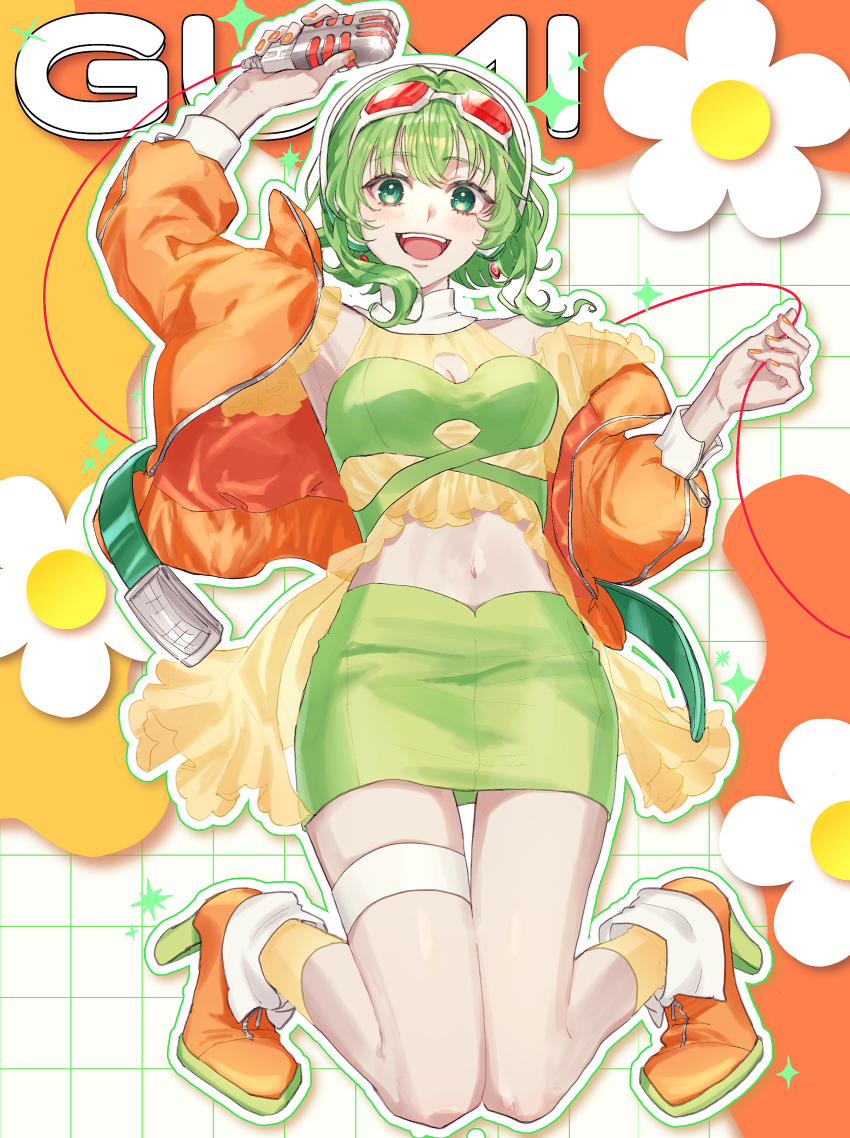 1girl absurdres ankle_boots arms_up boots breasts cable character_name cleavage clothing_cutout commentary earrings flower fold-over_boots full_body goggles goggles_on_head green_eyes green_hair green_skirt gumi gumi_(ai_megpoid) headphones high_heel_boots high_heels highres holding holding_cable holding_microphone jacket jewelry kneeling long_sidelocks looking_at_viewer medium_breasts microphone midriff navel open_mouth orange_boots orange_jacket orange_nails red-tinted_eyewear shirt short_hair sidelocks skirt solo sparkle stomach_cutout strapless strapless_shirt symbol-only_commentary teeth thighlet tinted_eyewear tongue upper_teeth_only vocaloid yymmawo_vv2 zipper