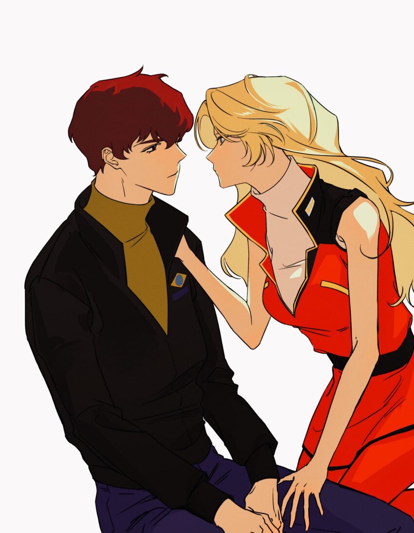 1boy 1girl amuro_ray belt black_eyes blonde_hair blue_eyes brown_hair char_aznable chuingonggong genderswap genderswap_(mtf) gundam highres jacket long_hair long_sleeves military_uniform mobile_suit_gundam pants shirt short_hair simple_background sitting turtleneck white_background
