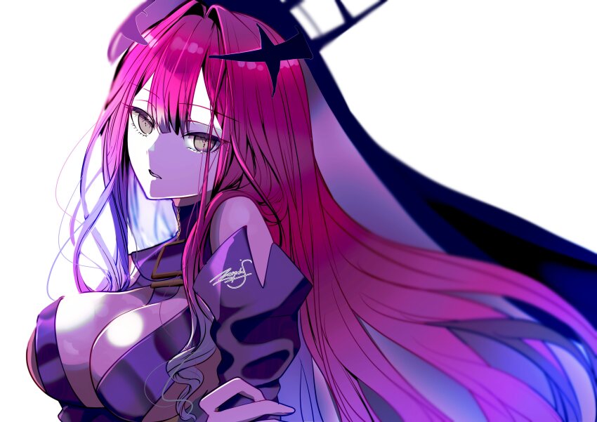 1girl absurdres baobhan_sith_(fate) baobhan_sith_(second_ascension)_(fate) breasts detached_sleeves fate/grand_order fate_(series) grey_eyes highres holding_own_arm large_breasts long_hair looking_at_viewer miyaka_(58305841) pink_hair sidelocks solo upper_body veil white_background