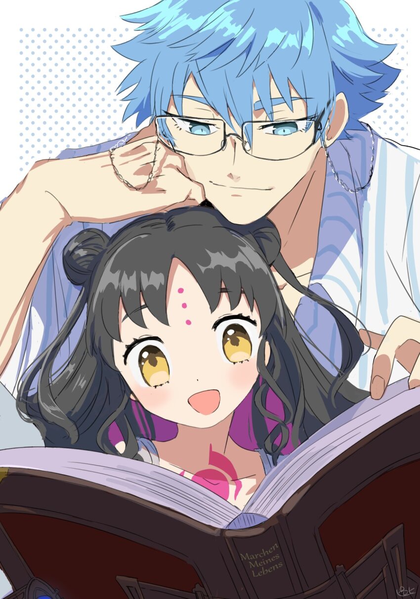 1boy 1girl :d black_hair blue_eyes blue_hair blush book double_bun facial_mark fate/grand_order fate_(series) forehead_mark glasses hair_bun hans_christian_andersen_(adult)_(fate) hans_christian_andersen_(fate) highres long_hair looking_down open_book open_mouth pirohi_(pirohi214) polka_dot polka_dot_background reading sessyoin_kiara sessyoin_kiara_(lily) shirt short_hair smile striped_clothes striped_shirt upper_body white_shirt yellow_eyes
