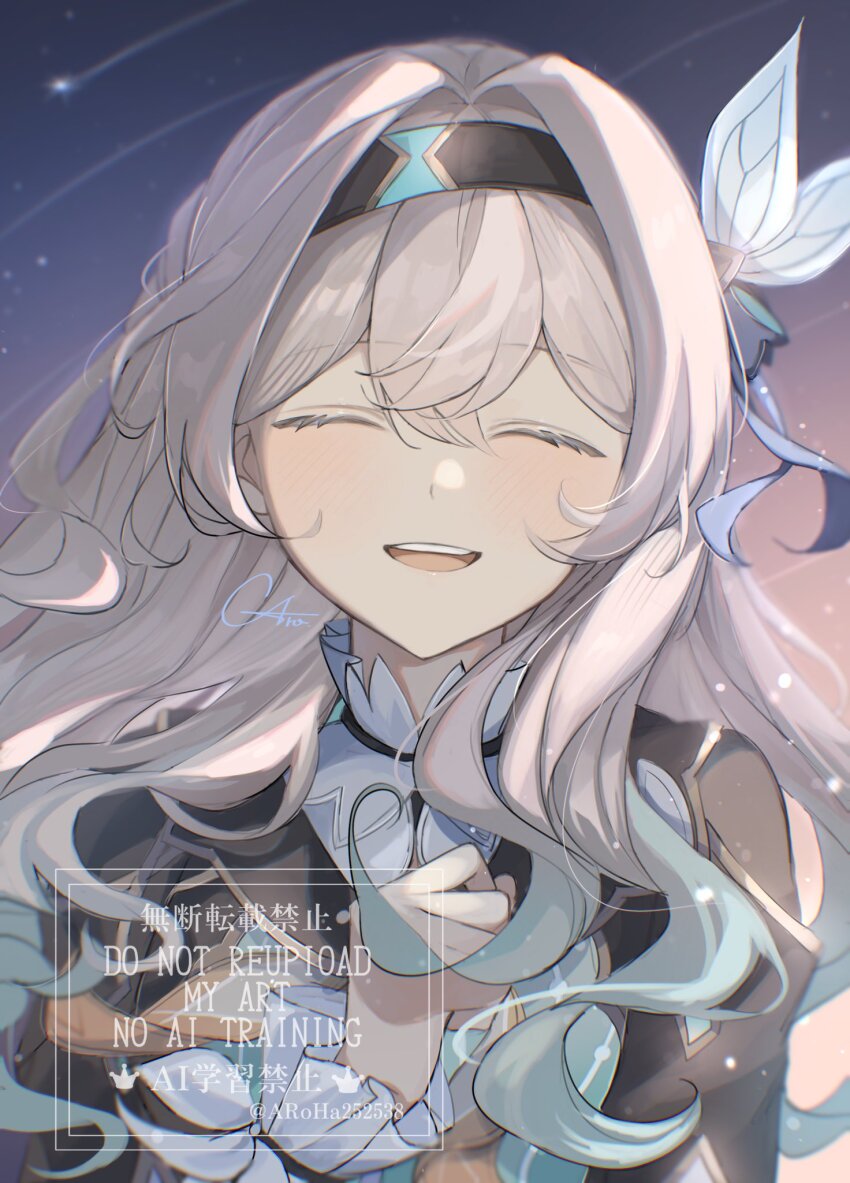 1girl aroha252538 black_hairband blue_ribbon blush brown_jacket closed_eyes collared_shirt firefly_(honkai:_star_rail) frilled_sleeves frills gradient_hair grey_hair hair_between_eyes hair_intakes hair_ornament hair_ribbon hairband highres honkai:_star_rail honkai_(series) jacket long_hair long_sleeves multicolored_hair neckerchief open_mouth orange_neckerchief ribbon shirt shooting_star smile solo teeth upper_teeth_only white_shirt white_sleeves