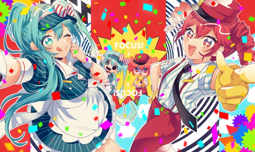 02_hhanaoka absurdres alternate_costume apron aqua_dress aqua_eyes aqua_hat black_necktie bow buttons chibi cloud collared_shirt colorful_background confetti diagonal-striped_bow double-breasted dress drill_hair dual_persona floating_neckwear gloves hair_between_eyes hand_on_own_hip hat hatsune_miku head_tilt highres kasane_teto kepi mesmerizer_(vocaloid) military_hat mismatched_pupils necktie one_eye_closed open_mouth outstretched_arm pants pinstripe_dress pinstripe_hat pinstripe_pattern pointing pointing_at_viewer red_background red_bow red_hat red_pants sailor_collar shirt short_sleeves sleeves_rolled_up smile solid_oval_eyes star-shaped_pupils star_(symbol) striped_clothes striped_shirt stroking_cheek suspenders symbol-shaped_pupils tongue twin_drills twintails utau vocaloid waist_apron white_apron white_background white_bow white_sailor_collar white_wrist_cuffs wing_collar wrist_cuffs yellow_gloves