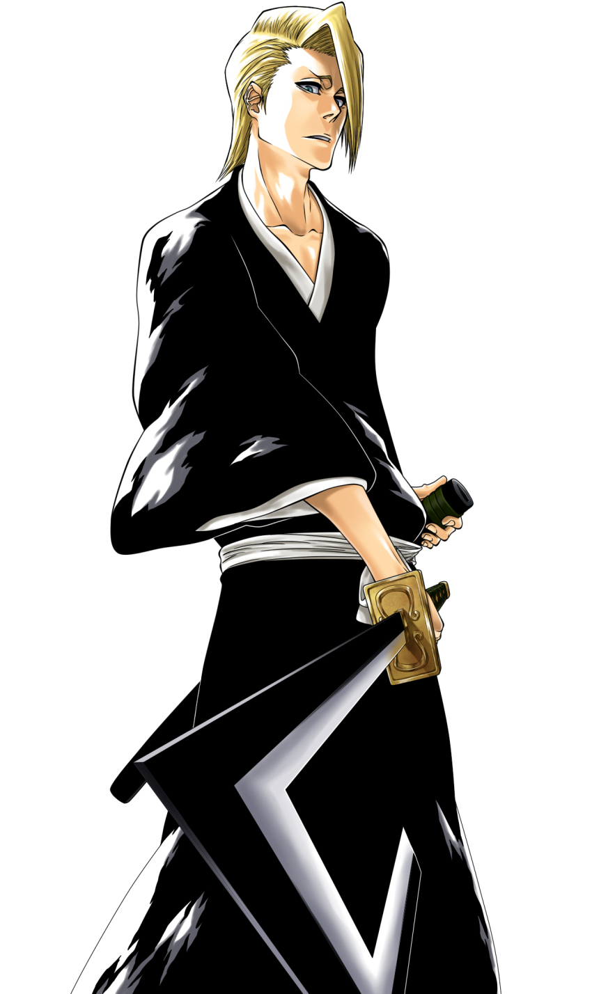 1boy black_hakama black_kimono bleach bleachist blonde_hair blue_eyes commentary fighting_stance hakama highres holding holding_sheath holding_sword holding_weapon japanese_clothes katana kimono kira_izuru kubo_tite_(style) long_sleeves male_focus nose official_style parted_lips sheath short_hair sidelighting simple_background solo sword tsurime wabisuke_(shikai) weapon white_background wide_sleeves