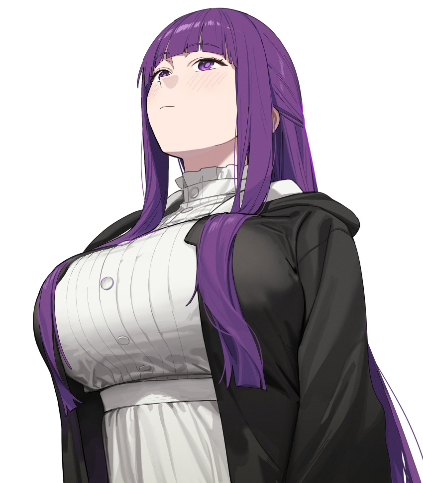 1girl absurdres black_jacket breasts closed_mouth dress fern_(sousou_no_frieren) highres jacket large_breasts looking_up meme purple_eyes purple_hair simple_background solo sousou_no_frieren upward_angle_frieren_drawing_(meme) white_background white_dress yakimi_27