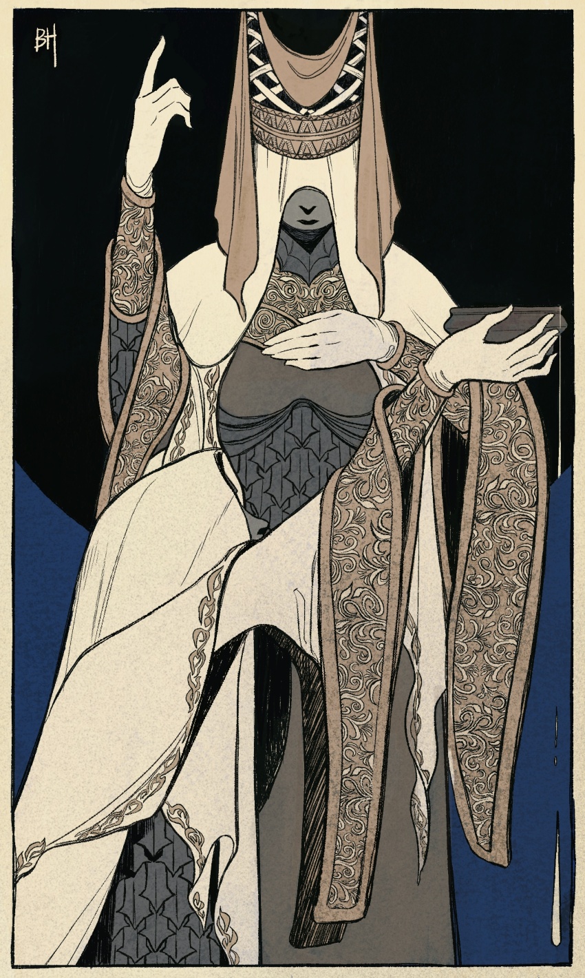 1girl absurdres book brush_(brush2h) character_request closed_mouth colored_skin commentary dark-skinned_female dark_skin elden_ring english_commentary extra_hands grey_skin hand_up highres holding holding_book long_sleeves night_maiden_(elden_ring) robe solo veil
