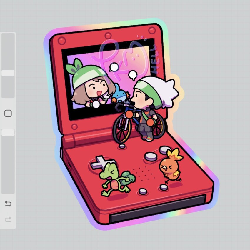 &gt;_&lt; 1boy 1girl :d art_program_in_frame bandana bicycle brendan_(pokemon) brown_hair chasing commentary english_commentary game_boy_advance_sp gen_3_pokemon green_bandana grey_background handheld_game_console highres looking_at_another may_(pokemon) medium_hair mudkip nintendo open_mouth pokemon pokemon_(creature) pokemon_emerald pokemon_rse running smile solid_circle_eyes solid_oval_eyes speech_bubble starter_pokemon_trio submashell torchic treecko