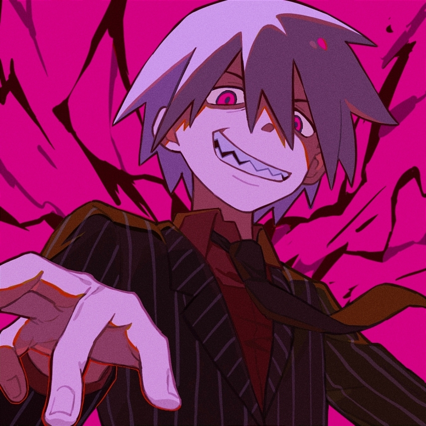 1boy black_jacket black_necktie collared_shirt film_grain grey_hair grin hair_between_eyes hand_up highres jacket lapels long_sleeves male_focus necktie notched_lapels pink_background pink_eyes red_shirt rice_(somasuki_77) sharp_teeth shirt short_hair smile solo soul_eater soul_evans striped_clothes striped_jacket teeth upper_body vertical-striped_clothes vertical-striped_jacket