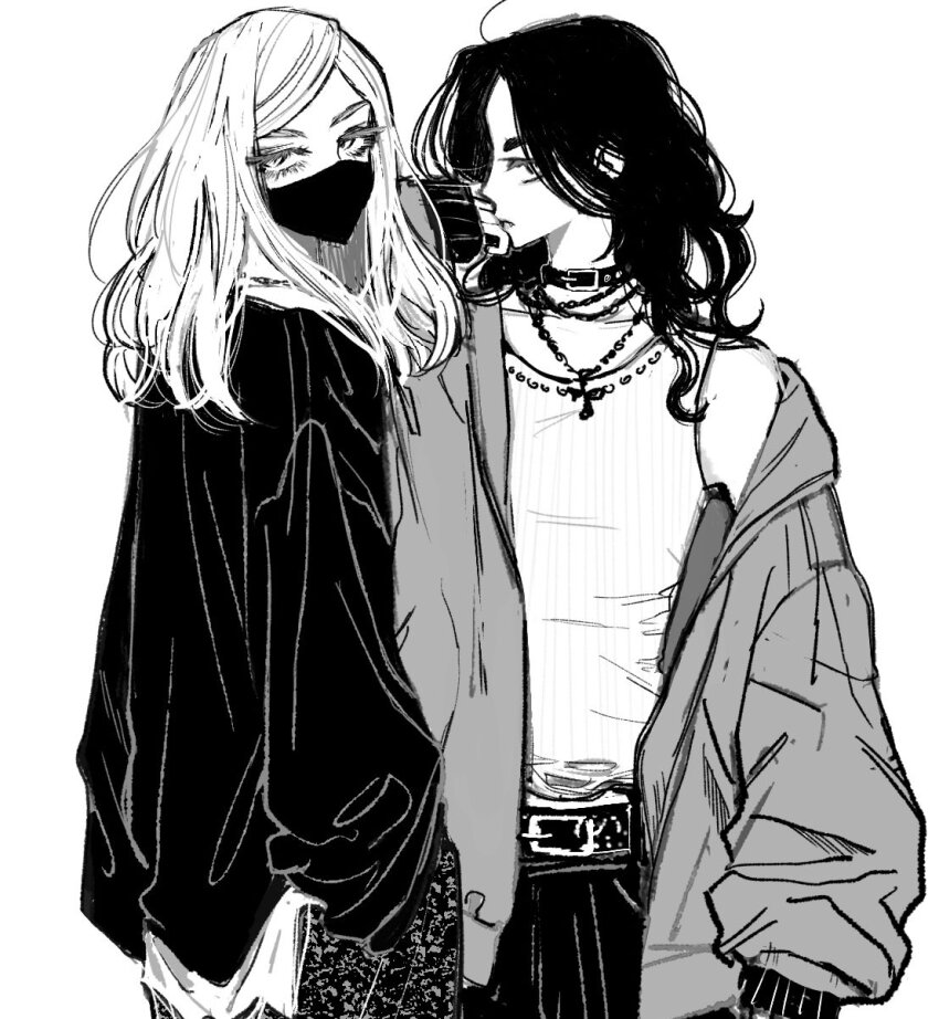2boys baji_keisuke belt choker commentary highres jacket jewelry long_hair looking_at_viewer mask michi_(hnkn_michi) monochrome mouth_mask multiple_boys necklace sanzu_haruchiyo tank_top thick_eyelashes tokyo_revengers upper_body wavy_hair white_background