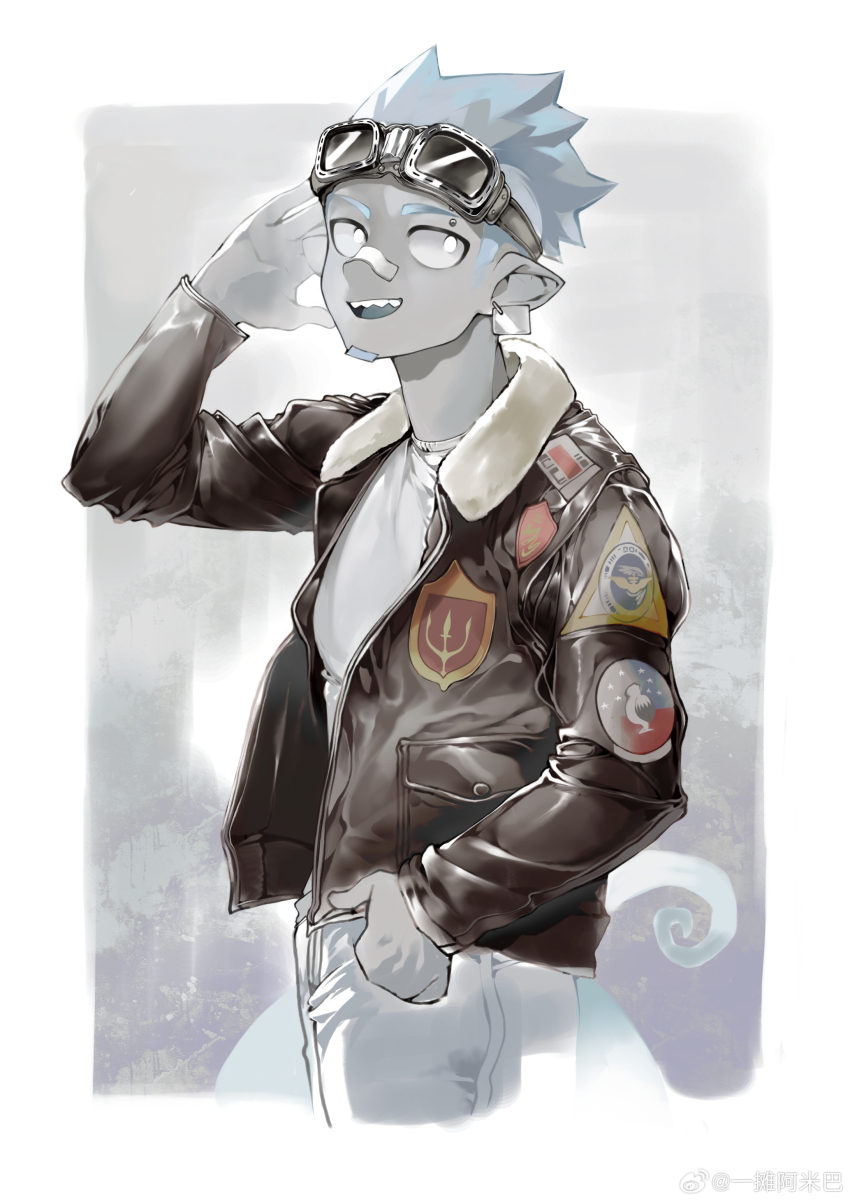 1boy absurdres arknights bandaid bandaid_on_face bandaid_on_nose black_jacket blue_hair chameleon_boy chameleon_tail chinese_commentary commentary_request denim ethan_(arknights) fur-trimmed_jacket fur_trim goggles goggles_on_head hand_in_pocket highres jacket leather leather_jacket looking_to_the_side male_focus open_clothes open_jacket open_mouth pointy_ears sharp_teeth shirt smile tail teeth white_shirt yi_tan_a_mi_ba