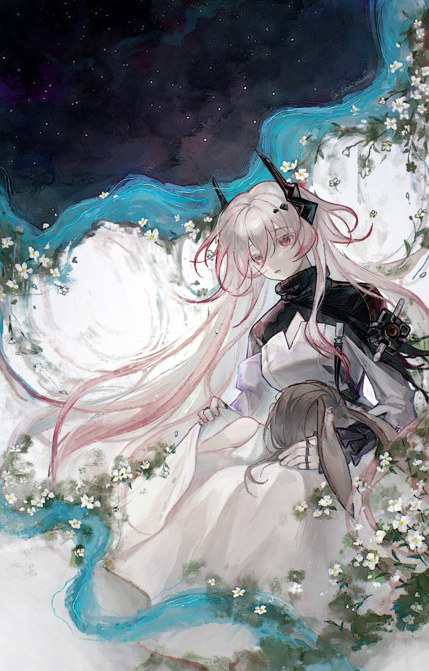 2girls absurdres amiya_(arknights) animal_ears arknights black_horns brown_hair chinese_commentary commentary_request demon_horns dress flower hair_between_eyes highres horns jewelry long_hair long_sleeves lying_on_lap material_growth multiple_girls multiple_rings oripathy_lesion_(arknights) parted_lips pink_hair rabbit_ears rabbit_girl red_eyes ring sky star_(sky) starry_sky theresa_(arknights) white_dress yezhi_dun_luobei