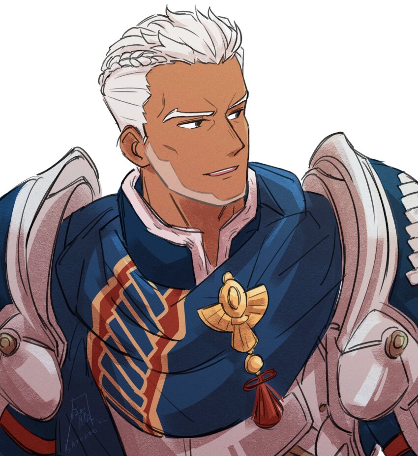 1boy armor blue_scarf braid breastplate commentary dark-skinned_male dark_skin dedue_molinaro english_commentary fire_emblem fire_emblem:_three_houses fire_emblem_warriors:_three_hopes forked_eyebrows hair_slicked_back highres looking_to_the_side male_focus nintendo parted_lips patterned_clothing pauldrons satodee scarf shoulder_armor sideways_glance simple_background single_braid solo teeth upper_body upper_teeth_only white_background white_hair