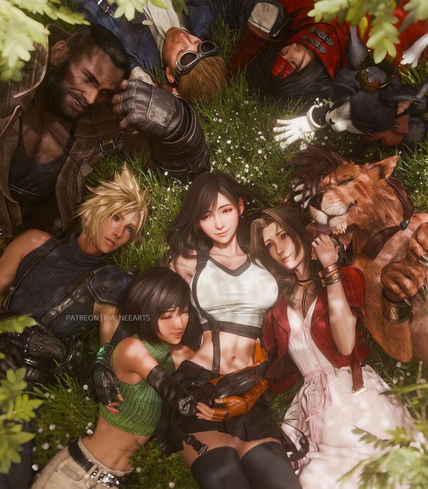 3girls 6+boys aerith_gainsborough barret_wallace black_hair blonde_hair cait_sith_(final_fantasy) cid_highwind claws cloud_strife crop_top cropped_jacket dark-skinned_male dark_skin dress final_fantasy final_fantasy_vii final_fantasy_vii_rebirth final_fantasy_vii_remake fingerless_gloves gloves goggles goggles_on_head grass headband highres jacket multiple_boys multiple_girls pink_dress red_jacket red_xiii ria_(baka-neearts) sleeveless sleeveless_turtleneck smile tifa_lockhart turtleneck vincent_valentine yuffie_kisaragi