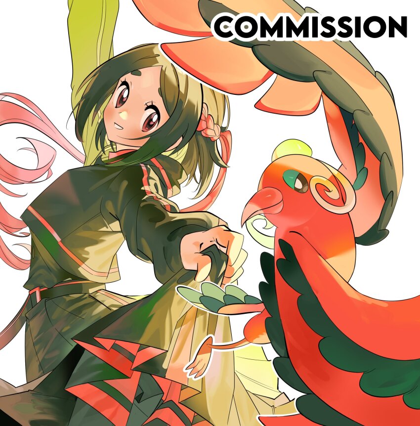 1girl belt bird braid brown_eyes closed_mouth clothes_lift commentary_request commission dancing eyelashes floating_hair gen_7_pokemon grin highres korean_commentary lifting_own_clothes long_hair long_sleeves multicolored_hair nintendo oricorio oricorio_(baile) pink_hair pleated_skirt pokemon pokemon_(creature) shirt simple_background skirt skirt_lift smile teeth two-tone_hair vpfjfevol white_background