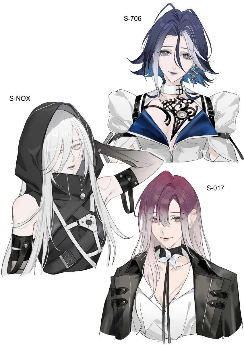 3girls absurdres adela_(path_to_nowhere) black_hands black_jacket blue_hair closed_mouth collarbone colored_extremities earrings expressionless grey_hair hair_over_one_eye heterochromia highres hood hoodie jacket jewelry lipstick long_hair looking_at_viewer makeup multicolored_hair multiple_girls nox_(path_to_nowhere) path_to_nowhere purple_eyes purple_hair shalom_(path_to_nowhere) simple_background smile streaked_hair toho10min two-tone_hair upper_body white_background