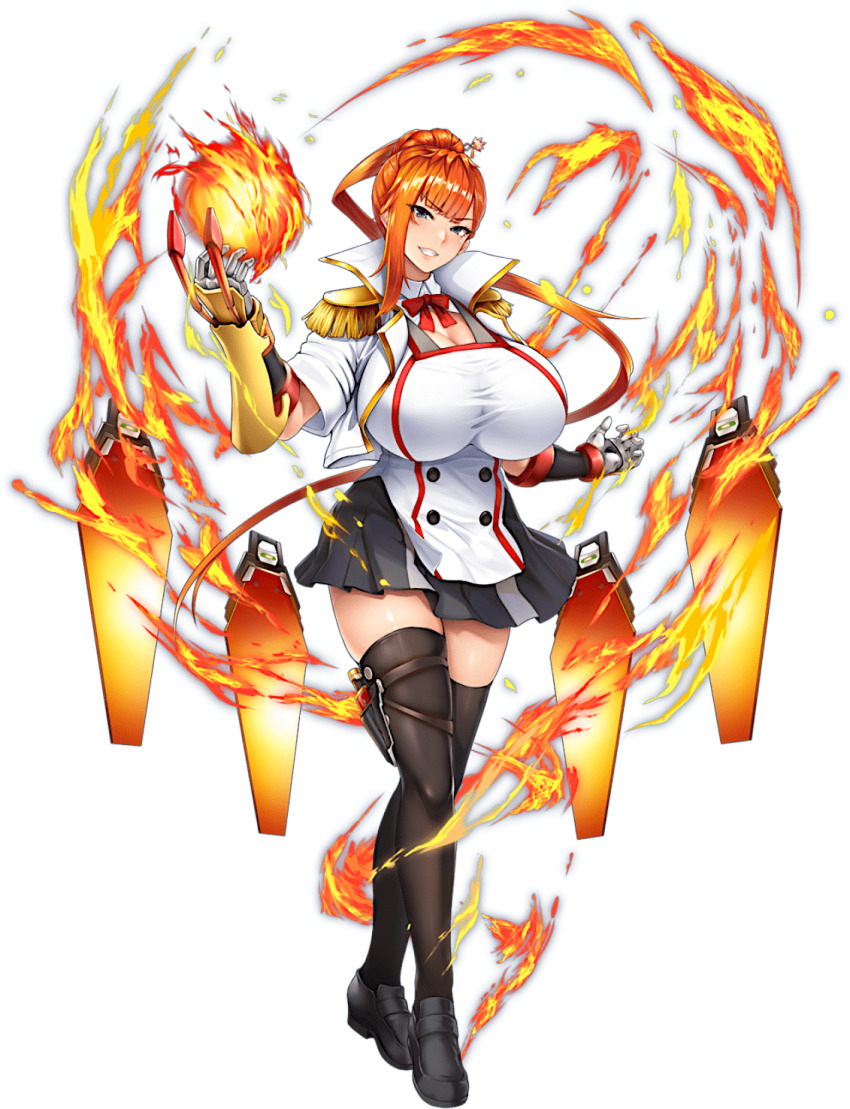 1girl action_taimanin alternate_costume artist_collaboration breasts collared_jacket curvy drone fire fireball framed_breasts full_body gloves hair_ornament halterneck high_heels high_ponytail highres holding huge_breasts jacket kamimura_maika kamimura_maika_(future) lilith-soft lips long_hair looking_at_viewer midriff miniskirt mist_train_girls navel official_alternate_costume official_art orange_hair ponytail purple_eyes shiny_clothes shiny_skin skin_tight skindentation skirt solo standing taimanin_(series) taimanin_rpgx transparent_background vambraces wide_hips