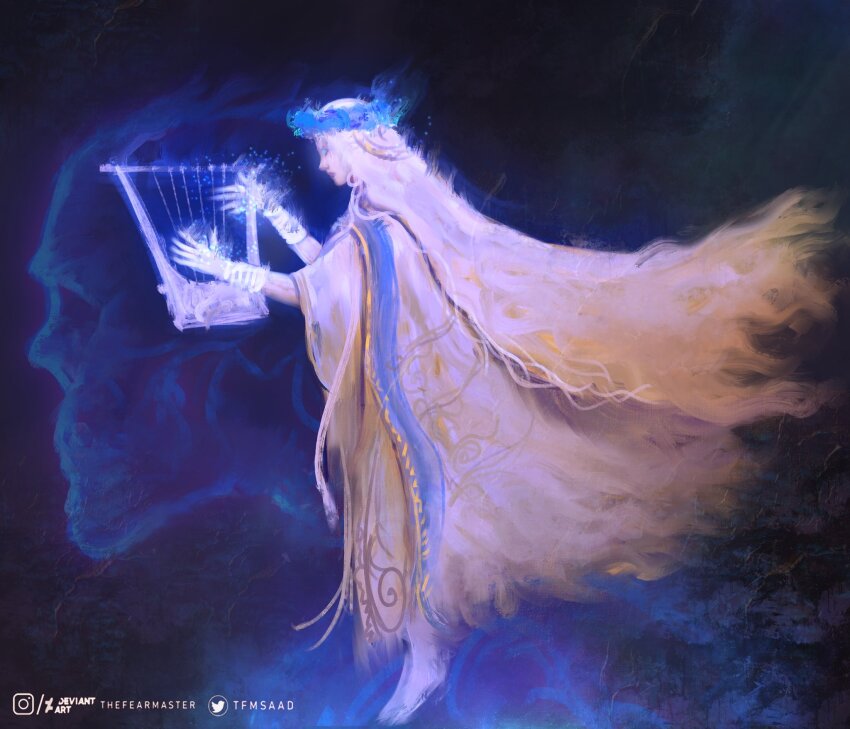 1girl barefoot black_background blue_eyes braid closed_mouth deviantart_logo doll_joints elden_ring elden_ring_nightreign from_side full_body head_wreath highres holding holding_instrument instrument jewelry joints long_hair low_twin_braids lyre music playing_instrument revenant_(elden_ring) shirt signature skeleton skirt solo spirit thefearmaster twin_braids twitter_logo veil white_background white_hair white_shirt white_veil wide_sleeves
