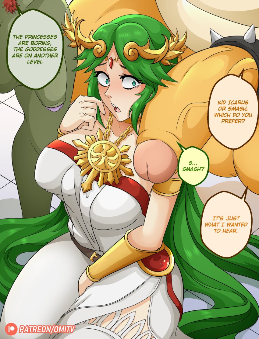 1girl 2boys absurdres armlet artist_name bare_shoulders between_legs bowser bracelet breasts colored_skin constricted_pupils cowboy_shot dress english_text eyebrows eyelashes from_above ganondorf green_eyes green_hair green_skin group_sex hand_between_legs hand_up hetero highres imminent_fellatio interspecies jewelry kid_icarus large_breasts large_penis long_hair looking_at_penis looking_to_the_side mario_(series) mmf_threesome multiple_boys necklace nintendo nose omitv open_mouth outdoors palutena patreon_logo patreon_username penis penis_awe penis_on_face scared sitting solo_focus speech_bubble strapless strapless_dress surprised tears teeth the_legend_of_zelda thighhighs thighs threesome two-tone_dress uncensored upper_teeth_only white_dress white_thighhighs yellow_skin