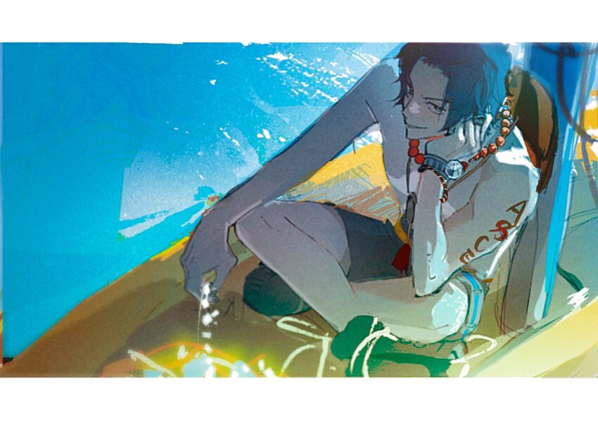 1boy arm_tattoo black_shorts bracelet cheek_rest crossed_legs freckles hashtag-only_commentary highres jewelry log_pose looking_at_viewer male_focus necklace one_piece onecata11 outdoors pearl_necklace portgas_d._ace shorts smile solo tattoo topless_male